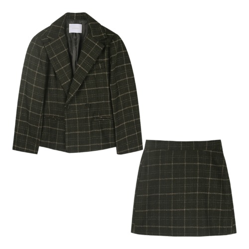 iuw1106 [SET] checked double jacket+checked mini skirt (khaki)